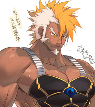 Rule 34 | 1boy, armor, bara, bare pectorals, biceps, blonde hair, chest armor, chest plate, facial hair, frown, japanese text, large pectorals, long sideburns, looking down, male focus, manly, mature male, multicolored hair, muscular, muscular male, nikism, original, pectorals, sideburns, solo, spiked hair, stubble, sweat, sweatdrop, thick eyebrows, upper body, veins, veiny arms, white hair, yellow eyes