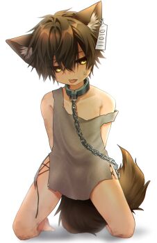 1boy animal_ear_fluff animal_ears arms_behind_back black_hair cat_boy cat_ears cat_tail chain chain_leash collar dirty dirty_face ear_tag hair_between_eyes hands_tied_behind_back highres kneeling leash looking_at_viewer male_focus messy_hair metal_collar original short_hair shota simple_background slave solo strap_slip tail tongue tongue_out toron_0812 white_background yellow_eyes