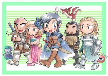 Rule 34 | 2boys, 4girls, aerie, animification, baldur's gate, baldur's gate 2, black hair, chibi, comic, elf, fantasy, jaheira, minsc, multiple boys, multiple girls, pointy ears, sword, thighhighs, translated, weapon, yoshimo