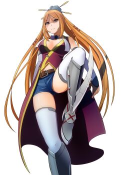 Rule 34 | bare shoulders, belt, breasts, cleavage, commentary request, dress, elbow gloves, eugene batten, expressionless, gear hair ornament, glaring, gloves, highres, knee up, long hair, mechanical boots, orange eyes, orange hair, red dress, scowl, sengoku otome, shaded face, short shorts, shorts, sidelocks, sleeveless, sleeveless dress, standing, standing on one leg, tachibana dousetsu (sengoku otome), thighhighs, thighs, weapon, white background, white thighhighs