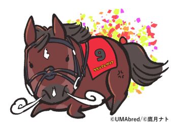 animal_focus artist_name commentary_request confetti copyright_name gran_alegria_(racehorse) horse looking_at_viewer no_humans race_bib real_life snorting takatsuki_nato umabred visible_air