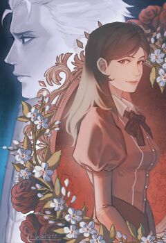 Rule 34 | 1boy, 1girl, absurdres, adasztt, blue eyes, breasts, closed mouth, coat, devil may cry, devil may cry (series), devil may cry 4, dress, highres, husband and wife, lady in red (devil may cry), long dress, long hair, red dress, short hair, smile, upper body, vergil (devil may cry), white hair