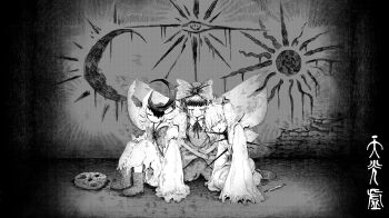 3girls absurdres black_hair blood blood_from_mouth bloody_tears boots bow brick_wall chinese_commentary chinese_text closed_eyes closed_mouth commentary_request crescent dark dress drill_hair eye_symbol fairy fairy_wings greyscale guro hair_bow hatching_(texture) highres hime_cut impaled injury kneeling long_hair luna_child monochrome muddy_mood multiple_girls nosebleed second-party_source short_hair sitting smile star_sapphire sun_symbol sunny_milk touhou translation_request twintails wide_sleeves wings