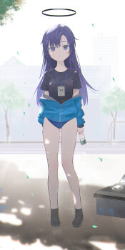 1girl black_shirt blue_archive blue_jacket bottle buruma commentary_request foliage full_body gym_uniform halo highres id_card jacket jacket_partially_removed looking_at_viewer mechanical_halo millennium_science_school_logo outdoors purple_eyes purple_hair shadow shirt star_(symbol) star_sticker sticker sticker_on_face t-shirt thighs water_bottle xin1 yuuka_(blue_archive) yuuka_(track)_(blue_archive)
