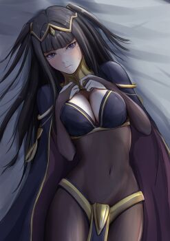 1girl absurdres black_cape blunt_bangs blush bodystocking breasts bridal_gauntlets cape cleavage closed_mouth commentary_request covered_navel embarrassed fire_emblem fire_emblem_awakening hair_ornament hands_on_own_chest hands_up hgus5855 highres jewelry large_breasts long_hair looking_at_viewer lying nintendo on_bed purple_eyes solo sweat tharja_(fire_emblem) two_side_up