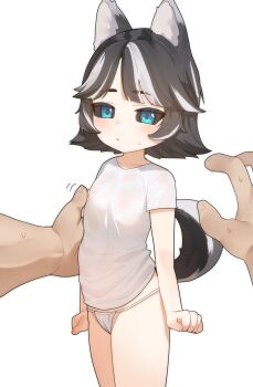 1boy 1girl absurdres animal_ears black_hair black_sclera blue_eyes colored_sclera commentary commission english_commentary freehoney hetero highres loli multicolored_hair original paid_reward_available panties shirt solo_focus tail two-tone_hair underwear white_shirt