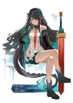 Rule 34 | 1girl, absurdres, arknights, artist garam, bare shoulders, beads, black boots, black hair, boots, closed mouth, colored extremities, commentary, crossed legs, dragon girl, dragon horns, dragon tail, dress, dusk (arknights), earrings, full body, hair over one eye, hand on own cheek, hand on own face, highres, horns, jewelry, knee boots, long hair, looking at viewer, necktie, off shoulder, one eye covered, orange eyes, red necktie, sitting, sketch, sleeveless, sleeveless dress, solo, sword, tail, weapon, white dress