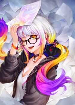 Rule 34 | 1girl, blonde hair, breasts, choker, cleavage, collarbone, earrings, female focus, glasses, hand on own head, highres, hood, hoodie, jewelry, long hair, looking at viewer, multicolored hair, one eye closed, open mouth, original, paper, patipat asavasena, pink hair, purple hair, silver hair, smile, solo, teeth, twintails, upper body, yellow eyes