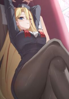 1girl black_hat blonde_hair blue_archive blue_eyes bow breasts curvy gloves halo hat highres large_breasts long_hair long_sleeves mahou_gnome official_alternate_costume pantyhose pina_(blue_archive) pina_(guide)_(blue_archive) red_bow red_halo shirt skirt thick_thighs thighs tour_guide white_gloves white_shirt