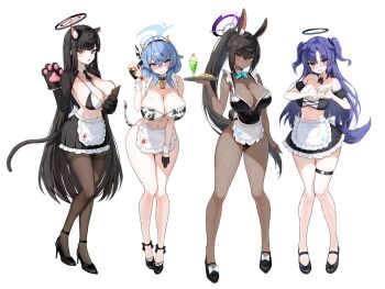 4girls :o ako_(blue_archive) alternate_costume animal_collar animal_ear_fluff animal_ears animal_hands animal_print ankle_ribbon apron bare_legs bare_shoulders bell black_bow black_bowtie black_gloves black_hair black_halo black_leotard black_necktie black_pantyhose black_shoes black_shrug black_skirt black_tail blonde_hair blue_archive blue_bow blue_bowtie blue_eyes blue_hair blue_halo blush bow bowtie breasts cat_ears cat_tail choker cleavage clenched_teeth collar collarbone commentary cow_ears cow_horns cow_print cow_tail cowbell dark-skinned_female dark_skin detached_collar dog_ears dog_girl dog_tail embarrassed extra_ears eyes_visible_through_hair fake_animal_ears food footwear_bow four-finger_heart_hands frilled_apron frilled_leotard frilled_skirt frills full_body gloves hair_between_eyes hair_intakes halo hand_up hands_up heart heart_hands high_heels highres holding holding_food holding_tray horns karin_(blue_archive) kemonomimi_mode knees_together_feet_apart large_breasts leg_ribbon legs leotard long_hair looking_at_viewer maid mayonnaise mayonnaise_bottle mechanical_halo medium_breasts medium_hair melon_soda miniskirt multicolored_halo multiple_girls navel neck_bell necktie o-ring o-ring_thigh_strap omelet omurice pantyhose parted_bangs parted_lips paw_gloves paw_print playboy_bunny ponya_0000 ponytail print_apron pumps purple_hair purple_halo rabbit_ears rabbit_girl rabbit_tail red_eyes red_halo ribbon rio_(blue_archive) shoes shrug_(clothing) sidelocks simple_background skirt standing stomach sweatdrop tail teeth thigh_strap thighs tray two-tone_halo two_side_up unconventional_maid v-shaped_eyebrows very_long_hair waist_apron waitress white_apron white_background white_collar white_wrist_cuffs wrist_cuffs yellow_eyes yuuka_(blue_archive)