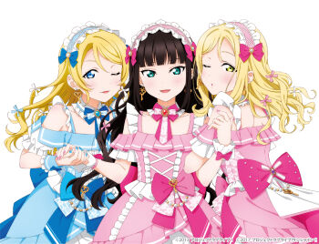 Rule 34 | 3girls, ayase eli, black hair, blonde hair, blue dress, blue eyes, bow, corset, detached sleeves, dress, earrings, green eyes, hair bow, hair ornament, highres, holding hands, imminent kiss, jewelry, kurosawa dia, lace, lace trim, love live!, love live! school idol project, love live! sunshine!!, maid headdress, mole, mole under mouth, multiple girls, nail polish, necktie, off shoulder, official art, ohara mari, one eye closed, open mouth, pink dress, ribbon, simple background, upper body, white background, wrist cuffs, yellow eyes