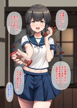 1girl black_hair blue_sailor_collar blue_skirt blush braid breasts brown_eyes cowboy_shot highres ichikawa_feesu isonami_(kancolle) kantai_collection long_hair looking_at_viewer medium_breasts open_mouth pleated_skirt revision sailor_collar school_uniform serafuku short_sleeves skirt smile solo speech_bubble translation_request twin_braids underboob