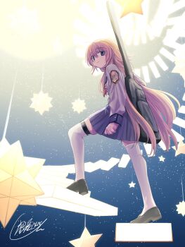 1girl angel_beats! benbe blonde_hair blue_eyes floating_stairs from_below highres loafers long_hair long_sleeves school_uniform sekine_shiori serafuku shinda_sekai_sensen_uniform shoes stairs thighhighs