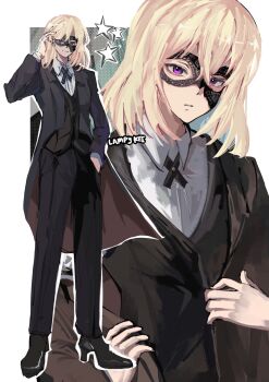 1girl artist_name bang_dream! bang_dream!_it&#039;s_mygo!!!!! black_footwear black_jacket black_mask black_pants black_ribbon black_vest blonde_hair closed_mouth commentary doloris_(bang_dream!) full_body hair_between_eyes hand_up highres jacket lampy_uikoko looking_at_viewer medium_hair misumi_uika neck_ribbon open_clothes open_jacket pants parted_lips purple_eyes ribbon standing tucking_hair vest