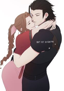 Rule 34 | 1boy, 1girl, aerith gainsborough, armor, arms around neck, artist name, black gloves, black hair, black sweater, bracelet, braid, braided ponytail, brown hair, closed eyes, couple, cowboy shot, crisis core: final fantasy vii, cross scar, dress, earrings, facial scar, final fantasy, final fantasy vii, final fantasy vii remake, from side, gloves, hair ribbon, hand on another's waist, happy tears, hashtag-only commentary, heads together, hetero, highres, hug, jacket, jewelry, lipgloss, long hair, parted bangs, parted lips, pink dress, pink lips, pink ribbon, ponytail, red jacket, ribbed sweater, ribbon, riszette, scar, scar on cheek, scar on face, short sleeves, shoulder armor, sleeveless, sleeveless turtleneck, smile, spiked hair, stud earrings, sweater, tears, turtleneck, turtleneck sweater, white background, zack fair