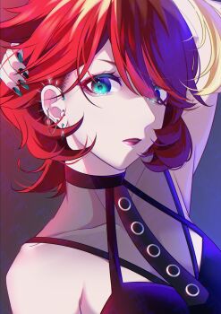 Rule 34 | 1girl, alternate costume, blonde hair, blue eyes, ear piercing, freckles, hair between eyes, highres, looking at viewer, mela (pokemon), multicolored hair, nintendo, open mouth, piercing, pokemon, pokemon sv, red hair, red lips, saotome (neptune 0416), short hair, sleeveless, solo, two-tone hair, upper body
