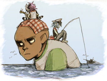 1girl 2boys 2d_(gorillaz) blue_hair fishing gorillaz hat multiple_boys noodle_(gorillaz) outdoors purple_hair russel_hobbs ship water watercraft