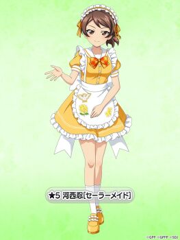 Rule 34 | 1girl, alternate costume, apron, bare arms, blush, bow, bowtie, breasts, brown eyes, brown hair, character name, collarbone, commentary request, dress, enmaided, floral print, frilled apron, frilled dress, frills, girls und panzer, girls und panzer senshadou daisakusen!, gradient background, green background, kawanishi shinobu, large bow, legs, loafers, looking at viewer, maid, maid apron, maid headdress, official art, orange bow, orange bowtie, outstretched hand, plaid bow, plaid bowtie, plaid clothes, ponytail, puffy short sleeves, puffy sleeves, ribbon, sailor collar, sash, shoes, short hair, short sleeves, smile, socks, thighs, translated, white bow, white sailor collar, white sash, white socks, yellow bow, yellow dress, yellow ribbon, yellow shoes