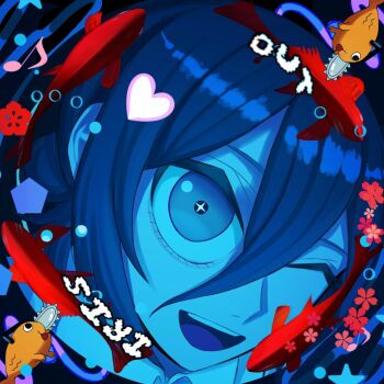 1girl ;d chainsaw_man fish fisheye hair_between_eyes looking_at_viewer mccheese monitor monitoring_(vocaloid) multiple_monitors musical_note one_eye_closed open_mouth pochita_(chainsaw_man) pov_peephole reze_(chainsaw_man) smile solo teeth upper_teeth_only