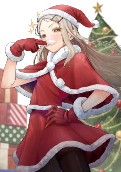 Rule 34 | 1girl, black pantyhose, blonde hair, blurry, blurry background, blush, box, capelet, colored eyelashes, commentary request, cowboy shot, depth of field, fake facial hair, fake mustache, from below, fur-trimmed capelet, fur-trimmed gloves, fur-trimmed shirt, fur-trimmed skirt, fur trim, gakuen idolmaster, gift, gift box, gloves, hair ornament, hairclip, hand on own hip, hand up, hat, highres, idolmaster, kaiso (kaisooekaki), long hair, looking at viewer, orange eyes, pantyhose, parallel hairclips, parted bangs, red capelet, red gloves, red shirt, red skirt, santa costume, santa hat, shinosawa hiro, shirt, skirt, solo, touching mustache