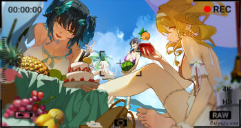 4girls absurdres barefoot bikini black_hair black_slingshot_swimsuit blonde_hair blue_hair breasts bugegehaibugouse cleavage commentary_request drill_hair feet fenny_golden fenny_golden_-_lionheart glasses gradient_hair hair_ornament highres holding large_breasts long_hair multicolored_hair multiple_girls nerida_-_styx_envoy_(sunspray_surge) official_alternate_costume outdoors siris_(snowbreak) slingshot_swimsuit smile snowbreak:_containment_zone swimsuit twin_drills twintails two_side_up vidya_shannon white_hair