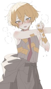 Rule 34 | 1boy, armpit peek, bad id, bad twitter id, blonde hair, blush, cross-body stretch, e.g.o (project moon), grey jacket, grey shirt, highres, inactive account, jacket, korean commentary, limbus company, looking at viewer, male focus, maratang, necktie, ofuda, ofuda on clothes, open mouth, project moon, red necktie, red sheet (e.g.o), shirt, sinclair (project moon), sleeveless, sleeveless shirt, steaming body, sweat, talisman, technology liberation alliance (identity) (project moon), white background, yellow eyes