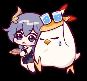 1girl :o animal animated animated_gif bird black_hair blue_dress blue_eyes chibi chicken china_dress chinese_clothes dress fu_hua fu_hua_(valkyrie_accipiter) full_body glass holding holding_plate holding_tray honkai_(series) honkai_impact_3rd long_hair official_art open_mouth plate ponytail simple_background sleeveless sleeveless_dress transparent_background tray walking water