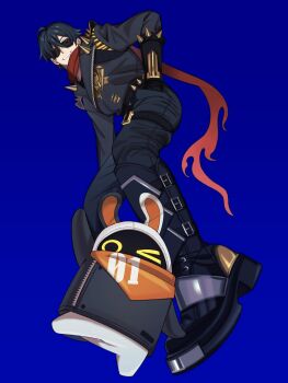 1boy 1other bandana bandana_around_neck bangboo_(zenless_zone_zero) black_boots blue_background blue_pants boots commentary_request eous_(zenless_zone_zero) from_side full_body green_hair grin hair_between_eyes hand_on_own_hip highres incendo_zzz jacket leaning_forward leather leather_jacket lighter_(zenless_zone_zero) looking_at_viewer one_eye_closed orange_bandana pants red_scarf scarf short_hair shoulder_spikes smile spiked_belt spiked_jacket spikes standing standing_on_one_leg studded_gloves sunglasses torn_clothes torn_scarf zenless_zone_zero