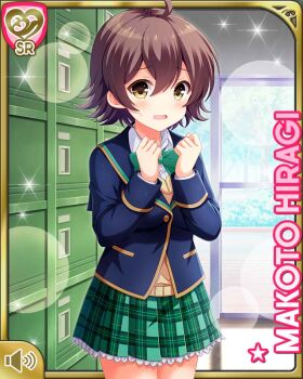 Rule 34 | 1girl, ahoge, bow, bowtie, brown eyes, brown hair, card (medium), character name, girlfriend (kari), green bow, green bowtie, green skirt, hiragi makoto (girlfriend (kari)), indoors, nervous, official art, plaid clothes, plaid skirt, pleated skirt, qp:flapper, school, school uniform, short hair, skirt, socks, solo, standing, window
