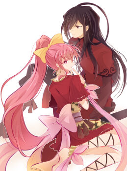 1boy black_hair dancer fire_emblem fire_emblem:_new_mystery_of_the_emblem fire_emblem:_shadow_dragon high_ponytail highres hrpazaqn0a4t looking_to_the_side navarre_(fire_emblem) nintendo phina_(fire_emblem) pink_eyes pink_hair ponytail