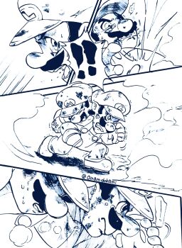 4koma blood blue_eyes brown_hair carrying comic facial_hair hat highres injury luigi mario mario_(series) mustache nintendo overalls shirt shoes sweatdrop tears walking