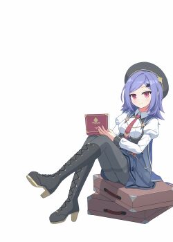 1girl absurdres ass black_boots black_pantyhose blue_cape blue_skirt boots breasts briefcase cape collared_shirt commentary computer framed_breasts full_body high-waist_skirt high_heel_boots high_heels highres holding holding_laptop iris_(stella_sora) juliet_sleeves knee_boots lace-up_boots laptop leg_up long_hair long_sleeves medium_breasts miniskirt necktie pantyhose pleated_skirt puffy_sleeves purple_hair red_eyes red_necktie shirt sillyprim simple_background sitting skirt solo stella_sora white_background white_shirt