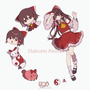 Rule 34 | 1girl, :3, :d, :o, ascot, bare shoulders, black shoes, blush, bow, brown eyes, brown hair, bug, butterfly, character name, chinese commentary, closed mouth, commentary request, detached sleeves, fox, frilled bow, frilled hair tubes, frills, full body, fumo (doll), hair bow, hair tubes, hakurei reimu, hakurei reimu (fox), highres, insect, iwakoo, long hair, looking at viewer, ofuda, open mouth, orb, red bow, red shirt, red skirt, shirt, shoes, skirt, skirt set, sleeveless, sleeveless shirt, smile, socks, sukusuku hakutaku, touhou, watermark, weibo watermark, white socks, yellow ascot, yin yang, yin yang orb, yukkuri shiteitte ne