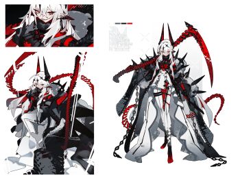 absurdres black_skin chain clawed_feet clawed_hands coat color_guide colored_skin crossed_bangs fingernails fur-trimmed_coat fur_trim grin hair_ornament highres holding holding_scythe holding_weapon huge_weapon long_coat long_hair multiple_views original over_shoulder pants pants_under_skirt patterned_background red_eyes red_nails red_skin red_sleeves ringed_eyes scythe sharp_fingernails sharp_teeth sharp_toenails shiba_(s_hi_ba_) skirt smile spine star_(symbol) star_hair_ornament teeth toenails weapon weapon_over_shoulder white_hair white_pants white_skirt