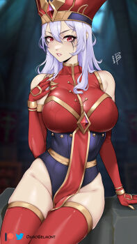 1girl bare_shoulders breasts commentary_request damobelmont elbow_gloves eyeshadow gloves grey_hair groin hair_between_eyes highres large_breasts leotard long_hair looking_at_viewer makeup parted_lips pink_lips red_eyes red_gloves red_headwear red_thighhighs sally_whitemane sitting solo thighhighs thighs twitter_logo warcraft world_of_warcraft