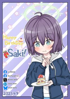 Rule 34 | 1girl, absurdres, blue archive, blue jacket, blush, breasts, cake, eating, food, fork, fruit, halo, happy birthday, highres, hood, hooded jacket, hoodie, jacket, kanata genma, large breasts, long sleeves, open clothes, open hoodie, purple hair, rabbit platoon (blue archive), saki (blue archive), short hair, strawberry