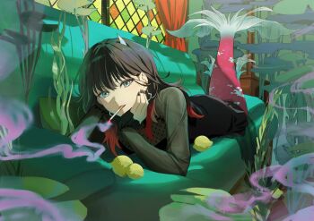 1girl akibare_(mmpv2224) aqua_eyes aurelia_vera_rose black_dress black_hair black_nails choppy_bangs cigarette closed_mouth colored_tips commentary couch curtains dress earrings elbow_rest fingernails food fruit full_body gradient_hair hand_on_own_cheek hand_on_own_face hand_up highres indoors jewelry lace lace_sleeves lemon long_hair looking_at_viewer lying mermaid mermaid_out_of_environment monster_girl multicolored_hair nail_polish on_couch on_stomach plant sail_into_dawn small_horns smoke smoking solo stained_glass window