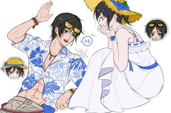 1boy 1girl abs bare_shoulders black_hair blue_shirt bracelet chibi chibi_inset collared_shirt commentary_request dress em1607230229543 eren_yeager eyewear_on_head facial_scar flying_sweatdrops green_eyes grey_eyes grey_pants hair_between_eyes hat hawaiian_shirt highres jewelry long_dress midriff mikasa_ackerman necklace official_alternate_costume open_mouth pants ponytail print_shirt scar scar_on_cheek scar_on_face shingeki_no_kyojin shirt short_hair sleeveless sleeveless_dress smile sparkle straw_hat sun_hat sundress sunglasses tinted_eyewear while_d white_background yellow-tinted_eyewear