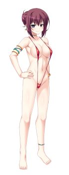 Rule 34 | 1girl, anklet, aoi masami, areola slip, armlet, asamiya minami, barefoot, black eyes, blush, bracelet, breasts, choker, covered erect nipples, earrings, full body, game cg, hair bun, hand on own hip, hands on own hips, highres, jewelry, large breasts, large variant set, looking at viewer, navel, non-web source, official art, purple eyes, red hair, short hair, slingshot swimsuit, smile, solo, standing, swimsuit, transparent background, ts magical girl nao, variant set