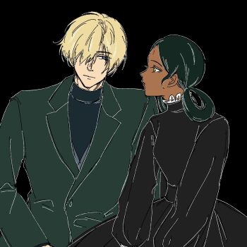 1boy 1girl bindi black_background black_dress black_hair black_shirt blonde_hair blue_eyes char_aznable chinese_commentary commentary_request dark-skinned_female dark_skin dress green_eyes green_jacket gundam gundam_gquuuuuux hair_over_one_eye hair_rings highres jacket lalah_sune long_sleeves looking_at_another lucy442684 profile shirouzu_(gundam) shirt short_hair simple_background turtleneck upper_body