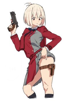 1girl absurdres asdf_4532 belt black_socks blonde_hair blue_ribbon bob_cut clothes_lift dress dress_lift grey_dress gun hand_up highres holding holding_gun holding_weapon holster kneehighs lifting_own_clothes long_sleeves lycoris_recoil lycoris_uniform neck_ribbon nishikigi_chisato one_side_up pleated_dress red_belt red_dress red_eyes ribbon short_hair simple_background skirt skirt_lift socks solo thigh_holster thighs two-tone_dress weapon weapon_case white_background