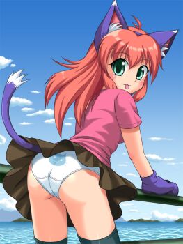 1girl :3 ahoge animal_ears animal_print arm_support ass back-print_panties black_thighhighs blush breasts brown_skirt cat_ears cat_girl cat_print cat_tail cloud fake_animal_ears from_behind gloves green_eyes kazuma_(ginneko-doori_sanchoume) kazuma_ginneko leaning_forward long_hair looking_at_viewer looking_back mamuru_(ukagaka) mountain ocean original panties panties_day paw_gloves pink_shirt print_panties purple_gloves railing red_hair shirt short_sleeves skirt sky small_breasts smile standing tail thighhighs tongue tongue_out ukagaka underwear water white_panties wind wind_lift