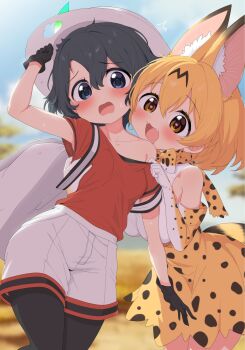 2girls animal_ears animal_print backpack bag black_hair black_pantyhose blonde_hair blush bow bowtie breasts clothes_pull drooling elbow_gloves extra_ears fangs food gloves hat hat_feather heart heart-shaped_pupils helmet high-waist_skirt highres japari_bun kaban_(kemono_friends) kemono_friends large_breasts multiple_girls off_shoulder open_mouth orange_bow orange_bowtie pantyhose pith_helmet print_bow print_bowtie print_gloves print_skirt ransusan red_shirt savannah serval_(kemono_friends) shirt shirt_pull short_hair short_sleeves shorts skirt sleeveless small_breasts smile striped_tail symbol-shaped_pupils tail thighhighs two-tone_bow two-tone_bowtie white_bow white_bowtie