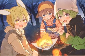 3boys animal_ears blonde_hair blush brown_hair campfire child closed_mouth dot_nose far_tarooo fire_pit food green_hair hair_between_eyes hat highres holding holding_food hood hood_down hoodie long_sleeves looking_at_viewer male_focus multiple_boys night night_sky nii_(far_tarooo) noru_(far_tarooo) open_mouth orange_hat original purple_eyes rabbit_boy rabbit_ears short_hair sitting sky smile tree white_hat yellow_eyes