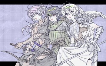 3boys :d :o ahoge angel angel_wings antenna_hair armor belt belt_pouch black_gloves black_hair blue_hair bow_(weapon) braid breastplate brown_belt brown_sash cape commentary_request crossed_bangs faulds feathered_wings floating_hair full_armor gauntlets gloves green_cape green_eyes green_hair grey_eyes hair_between_eyes heterochromia high_ponytail highres holding holding_bow_(weapon) holding_polearm holding_sword holding_weapon hoshirube_sho inami_rai knight korean_commentary long_hair long_sleeves looking_at_viewer male_focus multicolored_hair multiple_boys mummeo_p murakumo_kagetsu nijisanji open_mouth pauldrons polearm ponytail pouch purple_eyes purple_hair robe sash sheath sheathed short_hair short_sleeves shoulder_armor side_braid sidelocks single_braid smile standing streaked_hair sword torn_clothes unsheathing vambraces virtual_youtuber weapon white_hair white_robe white_wings wings