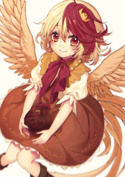1girl animal animal_on_head animal_on_lap baby_animal bird bird_tail blonde_hair boots brown_boots brown_skirt chick chicken chicken_girl closed_mouth commentary_request double-parted_bangs feathered_wings hair_between_eyes highres kyouda_suzuka looking_at_viewer multicolored_hair neckerchief niwatari_kutaka on_head on_lap puffy_short_sleeves puffy_sleeves red_eyes red_hair red_neckerchief shirt short_hair short_sleeves simple_background skirt smile solo tail touhou two-tone_hair white_background white_shirt wings