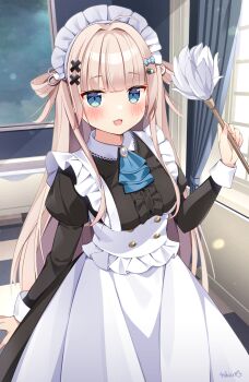 1girl :d apron ascot black_dress blonde_hair blue_ascot blue_eyes blunt_bangs blush center_frills commentary_request cowboy_shot dress duster frills hair_ornament highres holding holding_duster indie_virtual_youtuber juliet_sleeves long_hair long_sleeves maid maid_headdress open_mouth puffy_sleeves smile solo tobio_illust virtual_youtuber white_apron x_hair_ornament yayamugi_(vtuber)