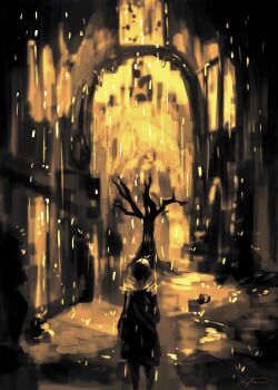 2boys bare_tree black_hair clone commentary english_commentary feet_out_of_frame from_behind fur_collar highres kyta_5 limited_palette male_focus multiple_boys outdoors rain sepia shadow_slave short_hair standing sunny_(shadow_slave) tree