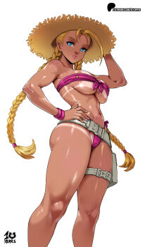 1girl absurdres antenna_hair artist_name belt bikini bikini_tan blonde_hair blush braid breasts cammy_white commentary feet_out_of_frame grey_belt hand_on_own_hat hand_on_own_hip hat highres kyoffie large_breasts lips long_hair long_legs looking_at_viewer navel paid_reward_available patreon_logo patreon_username pink_bikini shiny_skin simple_background solo stomach strapless strapless_bikini street_fighter street_fighter_6 sun_hat swimsuit tan tanline thighs twin_braids underboob white_background