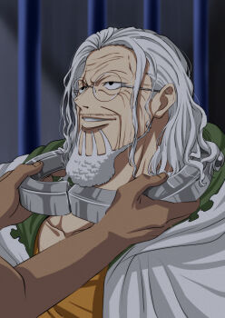 Rule 34 | 1boy, beard, cape, collarbone, commentary request, cuffs, facial hair, highres, long hair, looking at another, male focus, mature male, musasabiop, mustache stubble, old, old man, one piece, orange shirt, parted lips, prison, round eyewear, scar, scar across eye, scar on face, shackles, shirt, silvers rayleigh, solo focus, stubble, upper body, white cape